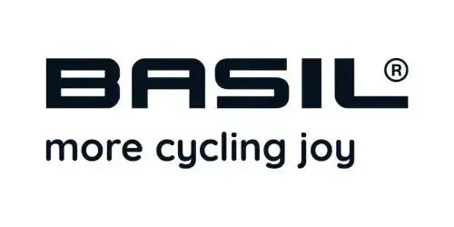 Basil logo med "more cycling joy" slogan, der repræsenterer glæde ved cykeltilbehør.