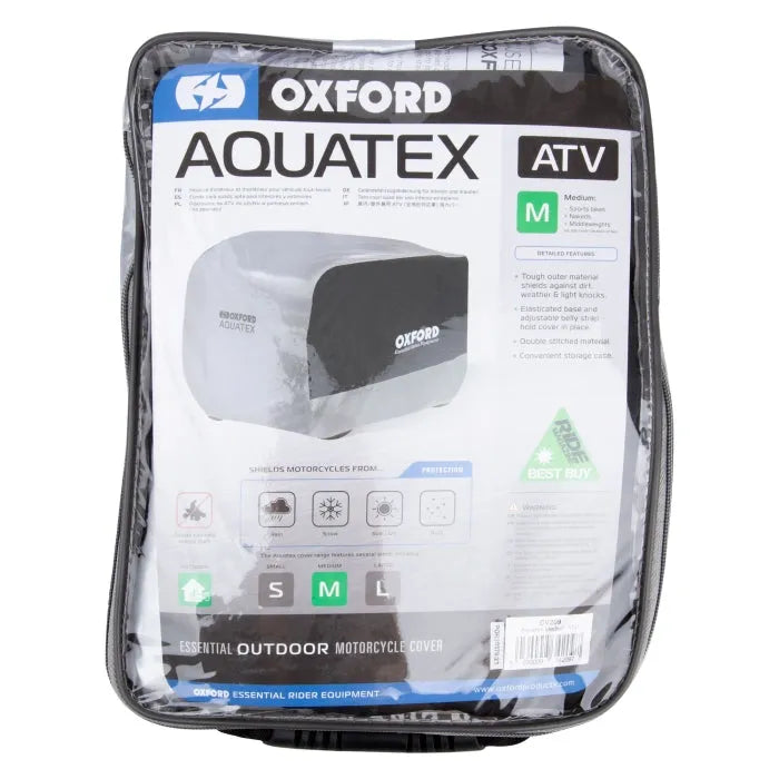 Oxford Aquatex ATV cover i størrelse S pakket i en gennemsigtig lynlåstaske med produktinformation og logo.