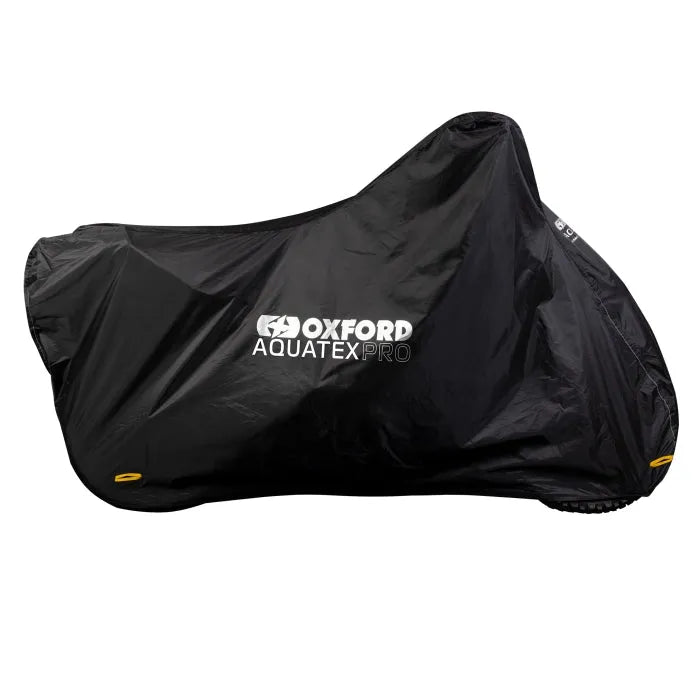 Sort Oxford Aquatex Pro motorcykelovertræk i vandtæt 210D polyester med hvidt logo og gule detaljer.