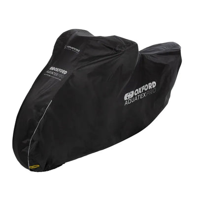 Sort Oxford Aquatex Pro motorcykelovertræk i vandtæt polyester med hvidt logo og forstærkede sømme.