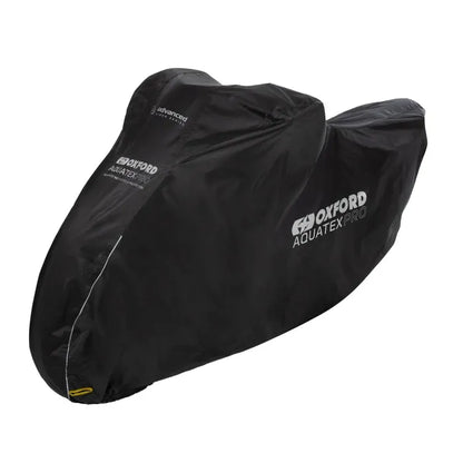 Sort Oxford Aquatex Pro motorcykelovertræk i vandtæt polyester med hvidt logo og forstærkede sømme.