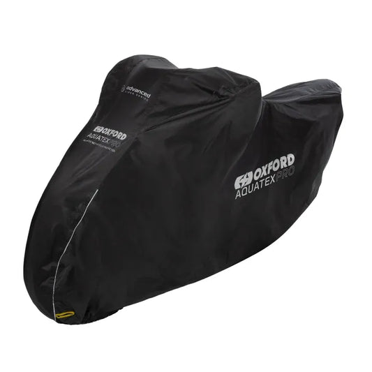 Sort Oxford Aquatex Pro motorcykelovertræk i vandtæt polyester med hvidt logo og forstærkede sømme.