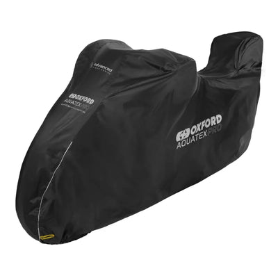 Sort Oxford Aquatex Pro motorcykelovertræk i størrelse M med plads til topboks og Oxford-logo.