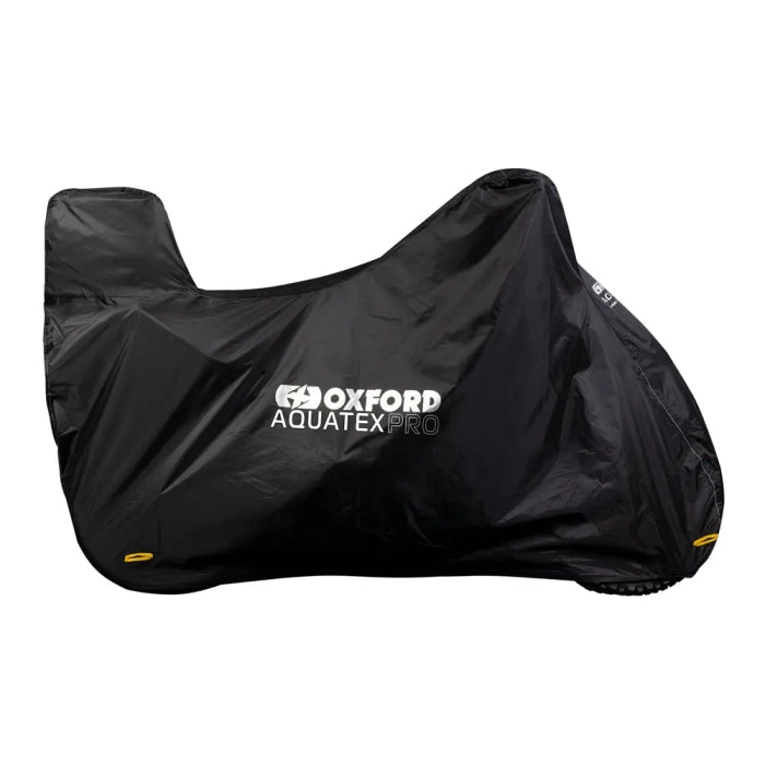 Sort Oxford Aquatex Pro motorcykelovertræk i størrelse M med plads til topboks og hvidt logo.