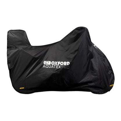 Sort Oxford Aquatex Pro motorcykelovertræk i størrelse M med plads til topboks og hvidt logo.