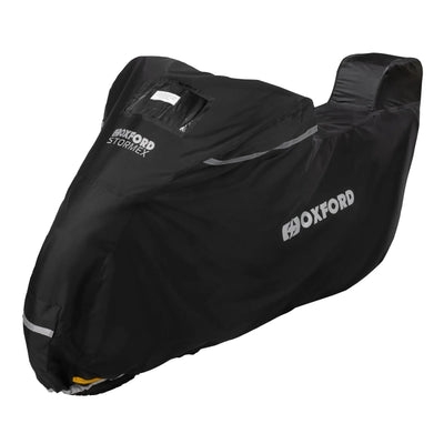 Sort Oxford Stormex MC-cover i str. Small med plads til topboks, reflekser og Oxford-logo.