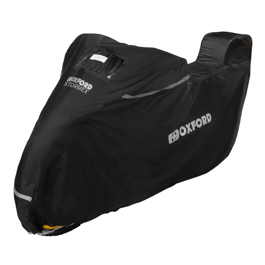Sort Oxford Stormex MC-cover i str. Small med plads til topboks, reflekser og Oxford-logo.