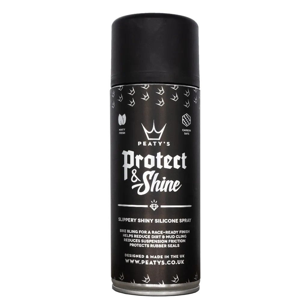 Sort Peaty's Protect & Shine cykelpleje sprayflaske med hvid tekst og krone-logo.