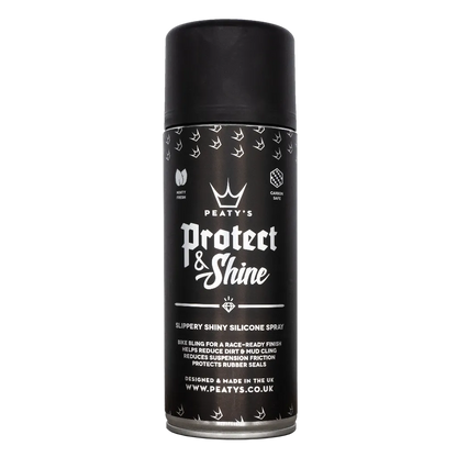 Sort Peaty's Protect & Shine cykelpleje sprayflaske med hvid tekst og krone-logo.