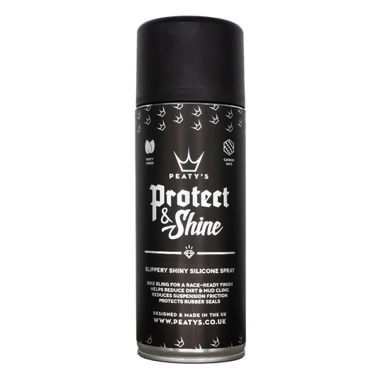 Sort Peaty's Protect & Shine cykelpleje sprayflaske med hvid tekst og krone-logo.