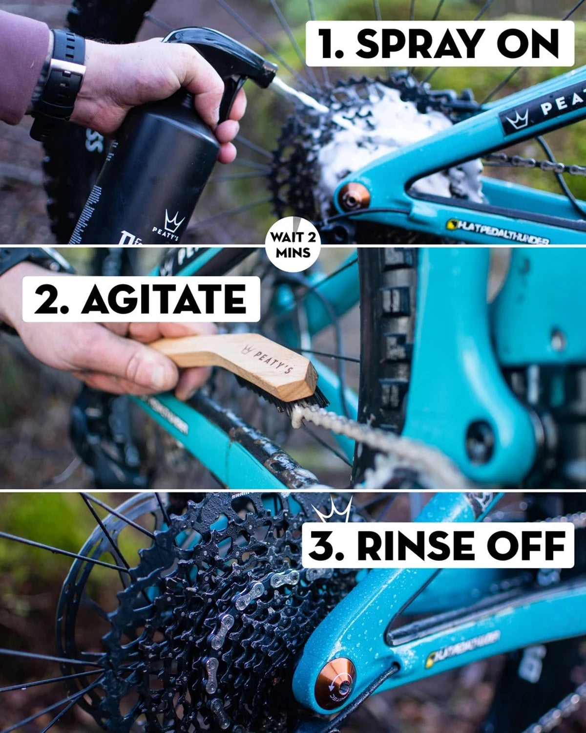 Peaty's Foaming Drivetrain Degreaser i sprayflaske til effektiv affedtning af cykelkæde og gear på cykler og ladcykler.