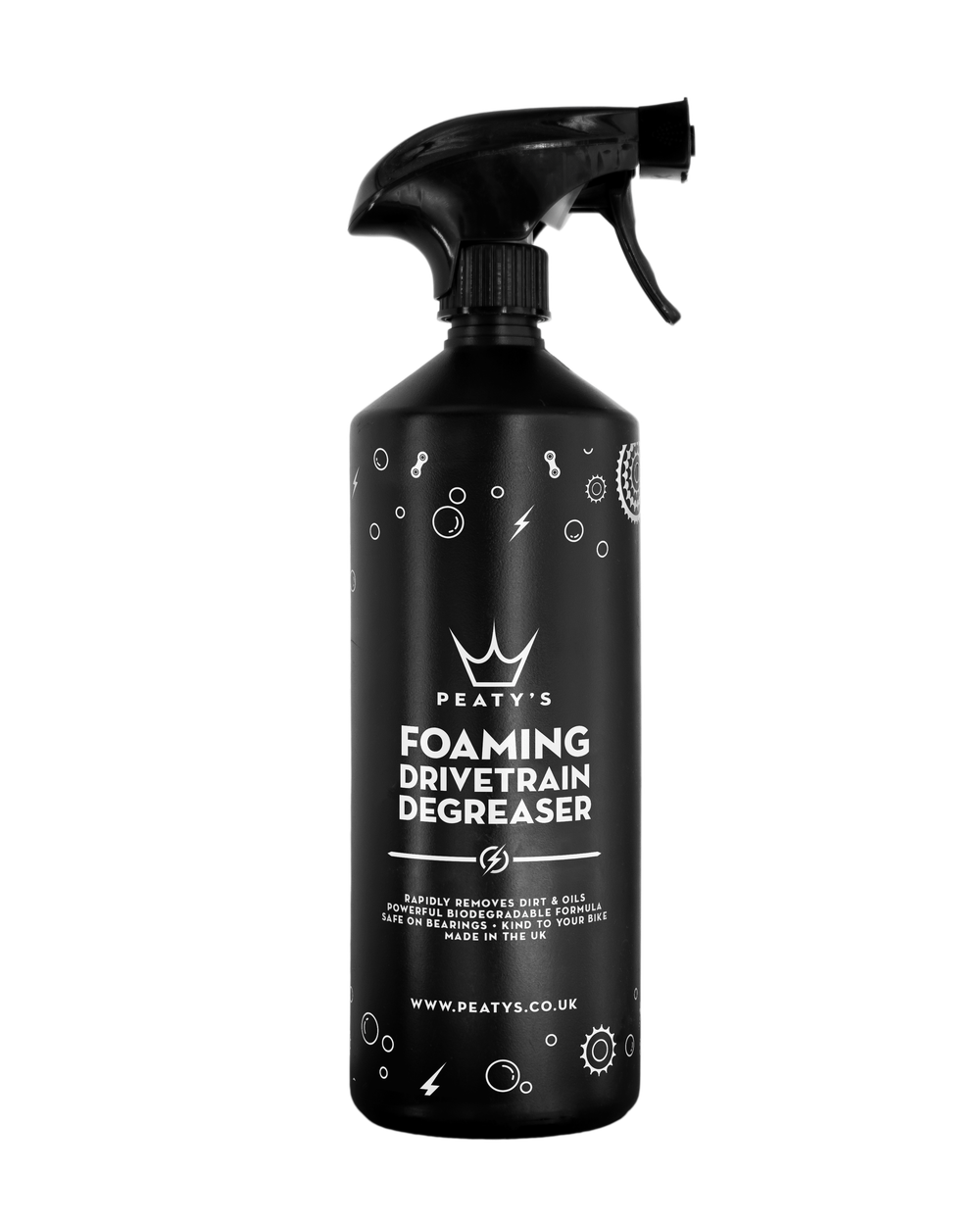 Peaty's Foaming Drivetrain Degreaser i sprayflaske til effektiv affedtning af cykelkæde og gear på cykler og ladcykler.