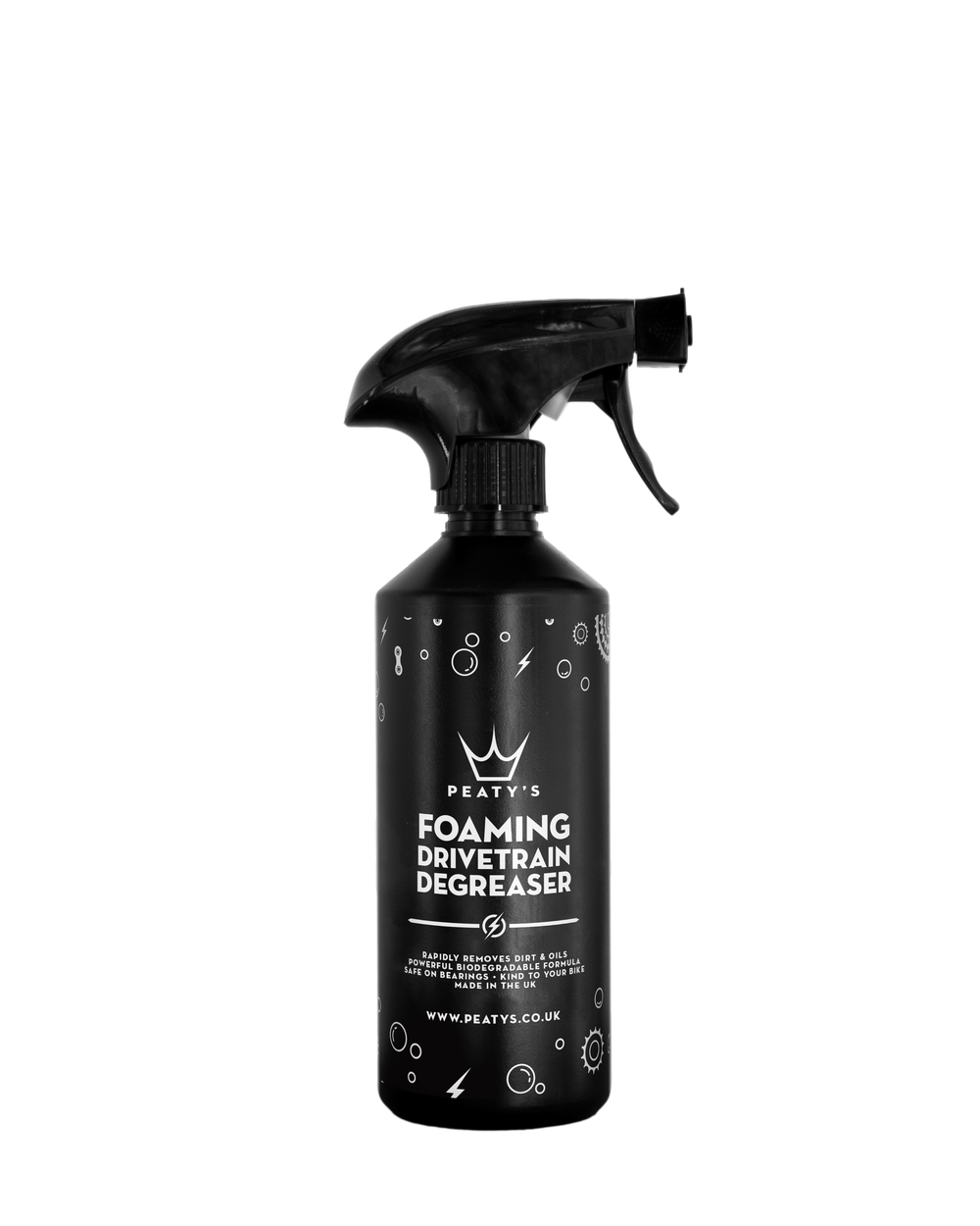 Peaty's Foaming Drivetrain Degreaser i sprayflaske til effektiv affedtning af cykelkæde og gear på cykler og ladcykler.