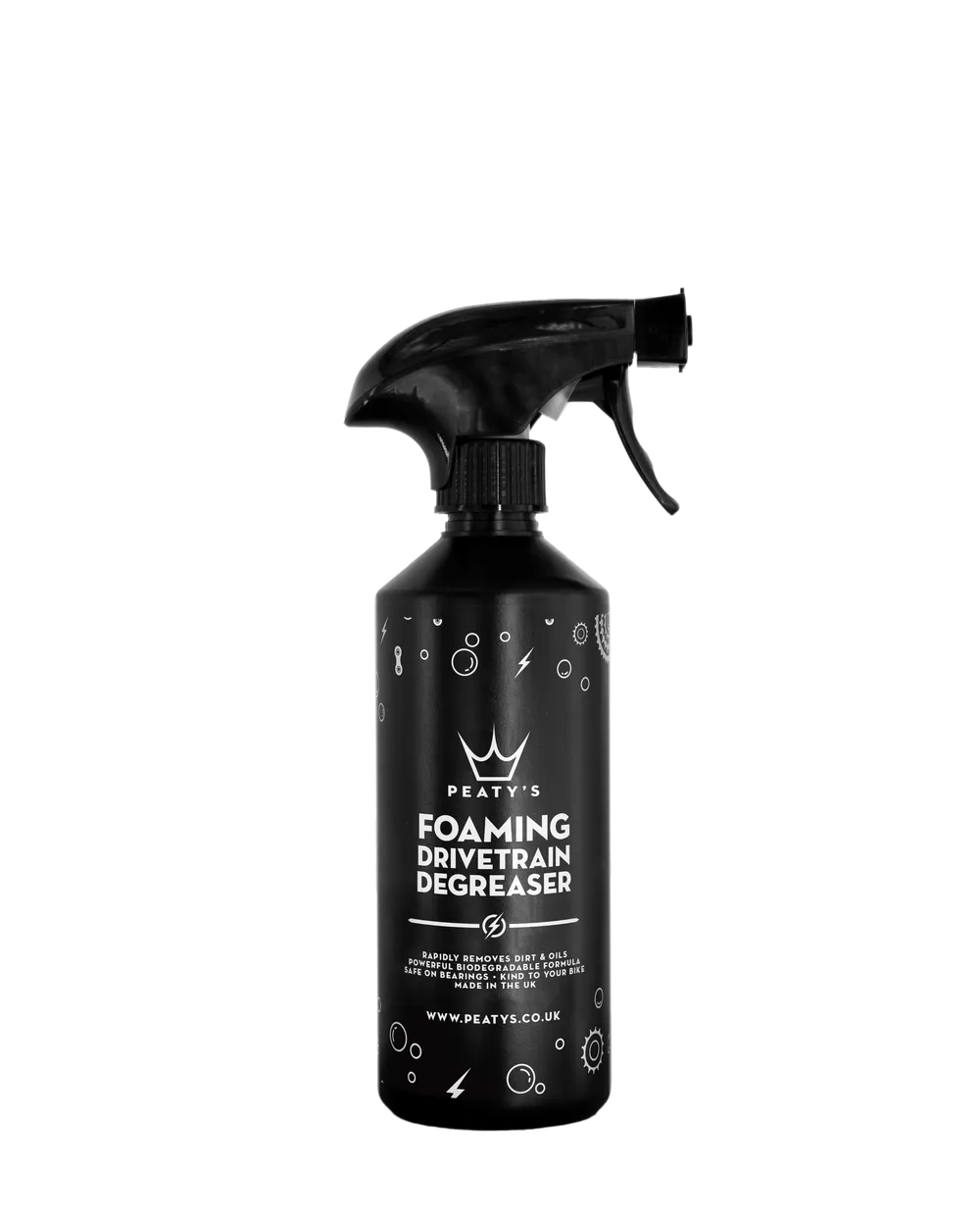 Peaty's Foaming Drivetrain Degreaser i sprayflaske til effektiv affedtning af cykelkæde og gear på cykler og ladcykler.