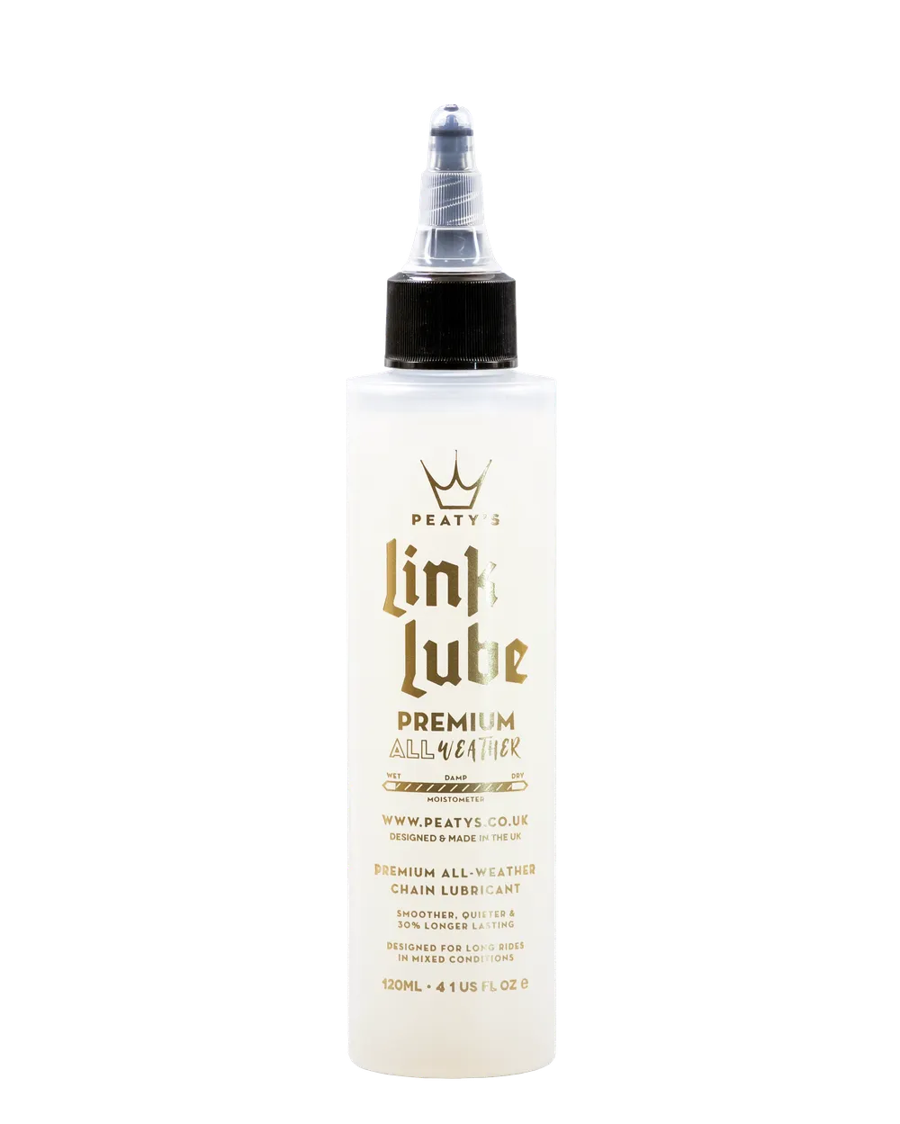 Peaty's Linklube Premium all-weather kædeolie, 120ml flaske med hvid etiket og sort hætte.