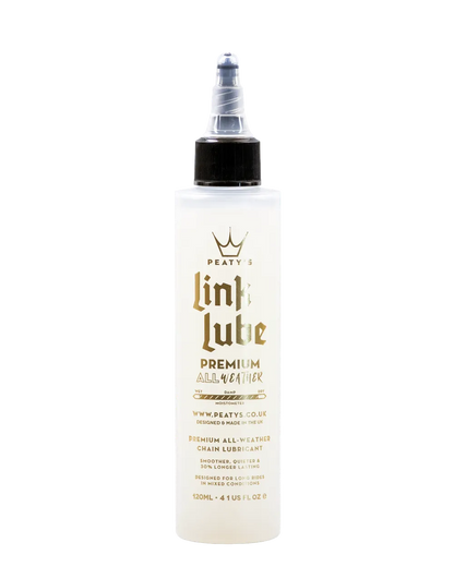 Peaty's Linklube Premium all-weather kædeolie, 120ml flaske med hvid etiket og sort hætte.