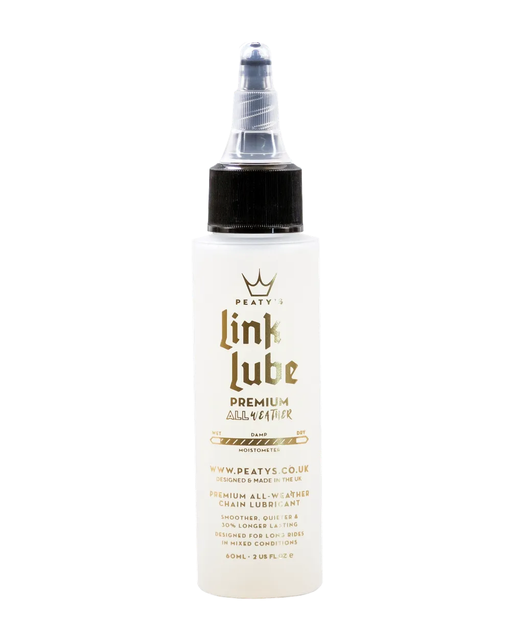 Hvid Peaty's Linklube Premium kædeolie i 60 ml flaske med sort låg og gennemsigtig tud.